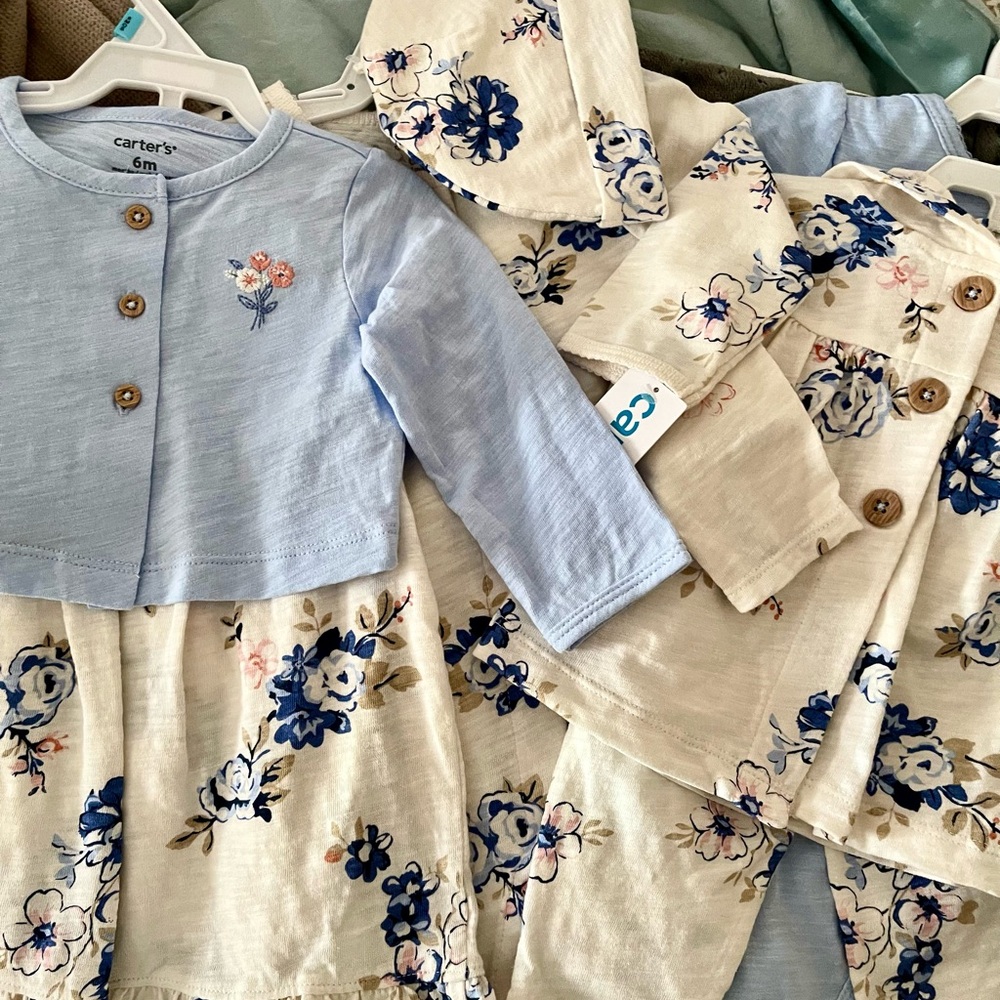 NWT Carters 7pc WARDROBE Dress 2 Onesies Sweater Hoodie Hat Pants Blue 6m